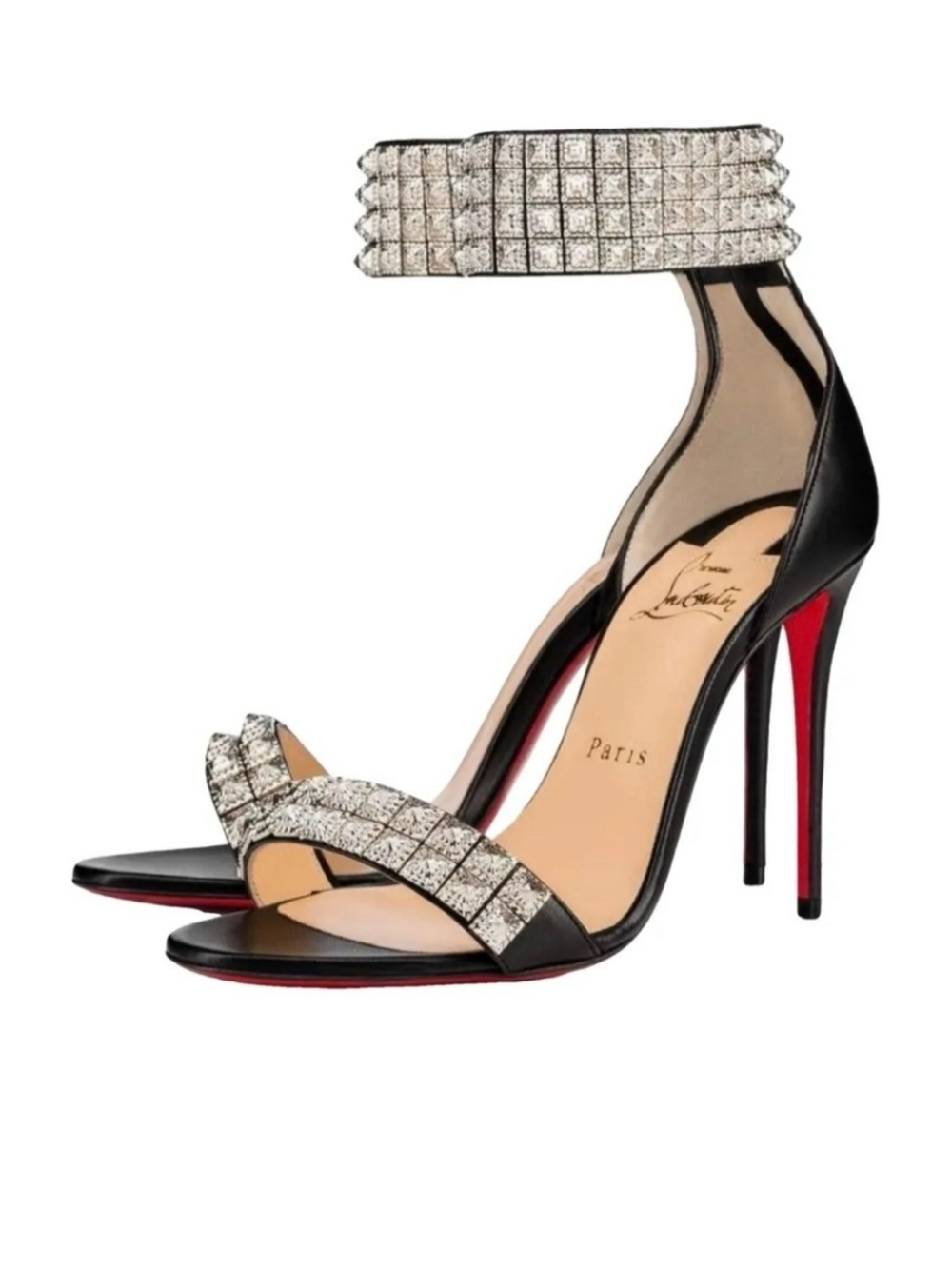 Christian Louboutin Black Leather Stiletto Sandals with Crystal Straps
